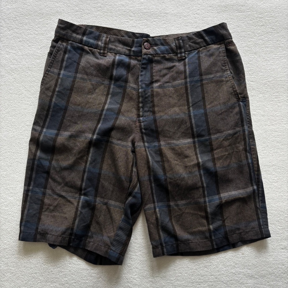 O'Neill Plaid Shorts Mens 34 Brown Blue Flat Front Casual Surf Skate